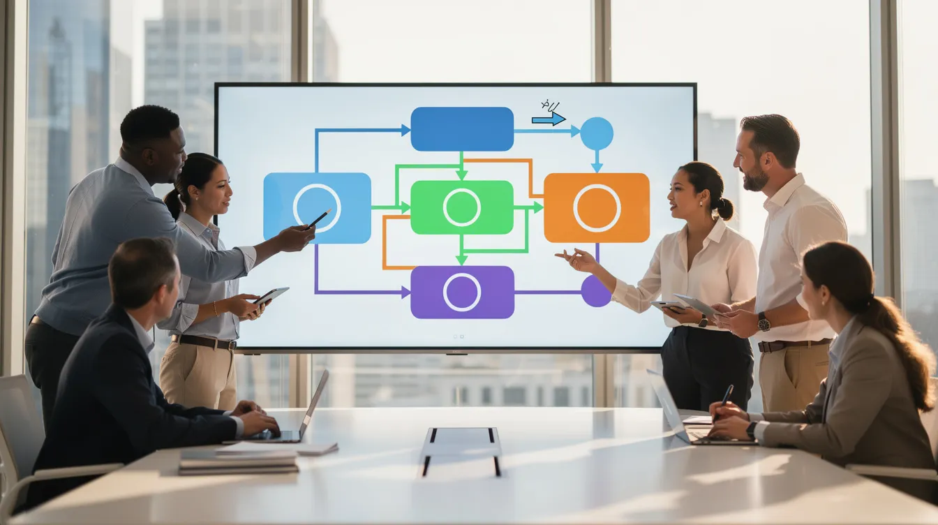 A diverse business team collaborates around a large digital screen, which displays a colorful flowchart featuring various BPMN elements such as tasks, gateways, and subprocesses. The team members engage in discussions, reflecting on business processes and documenting their ideas for effective process modeling.