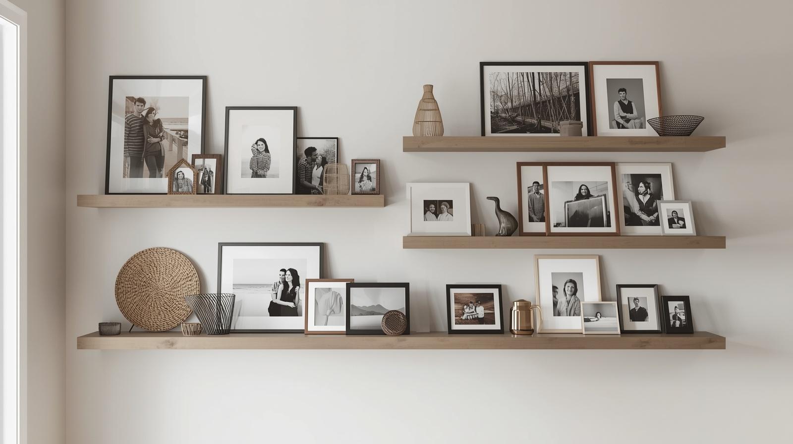 Photo frames that are leaned and layered on shelves