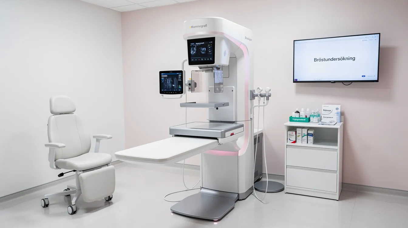 En modern mammografiutrustning står i en ljus undersökningssal, där kvinnor mellan 40 och 74 år kan få hjälp med att upptäcka bröstcancer genom mammografiundersökning. Utrustningen används för att ta bilder av brösten och är en viktig del av vården för att tidigt upptäcka förändringar.