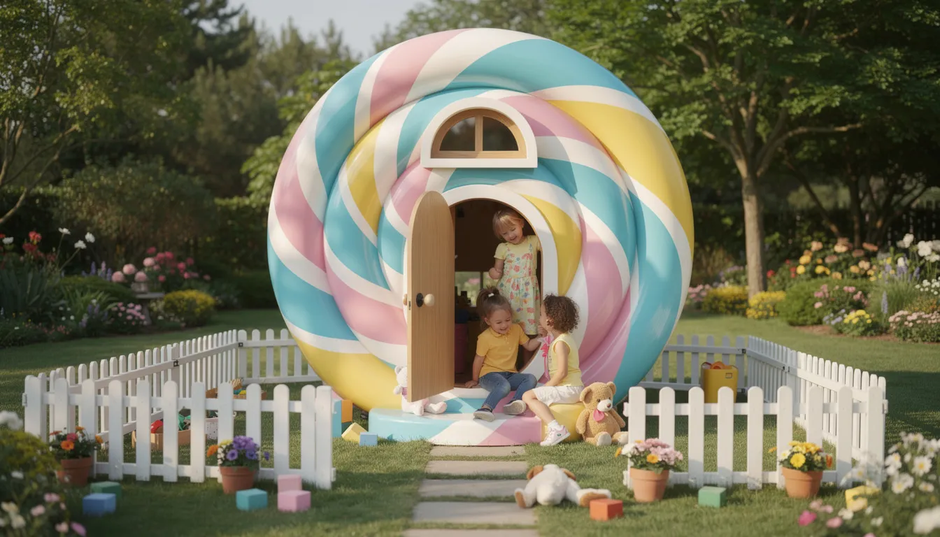 The image features a vibrant lollipop-themed children's playhouse, designed for imaginative play in the garden. This wooden wendy house, perfect for younger children, offers a dedicated space for outdoor adventures and creative exploration.
