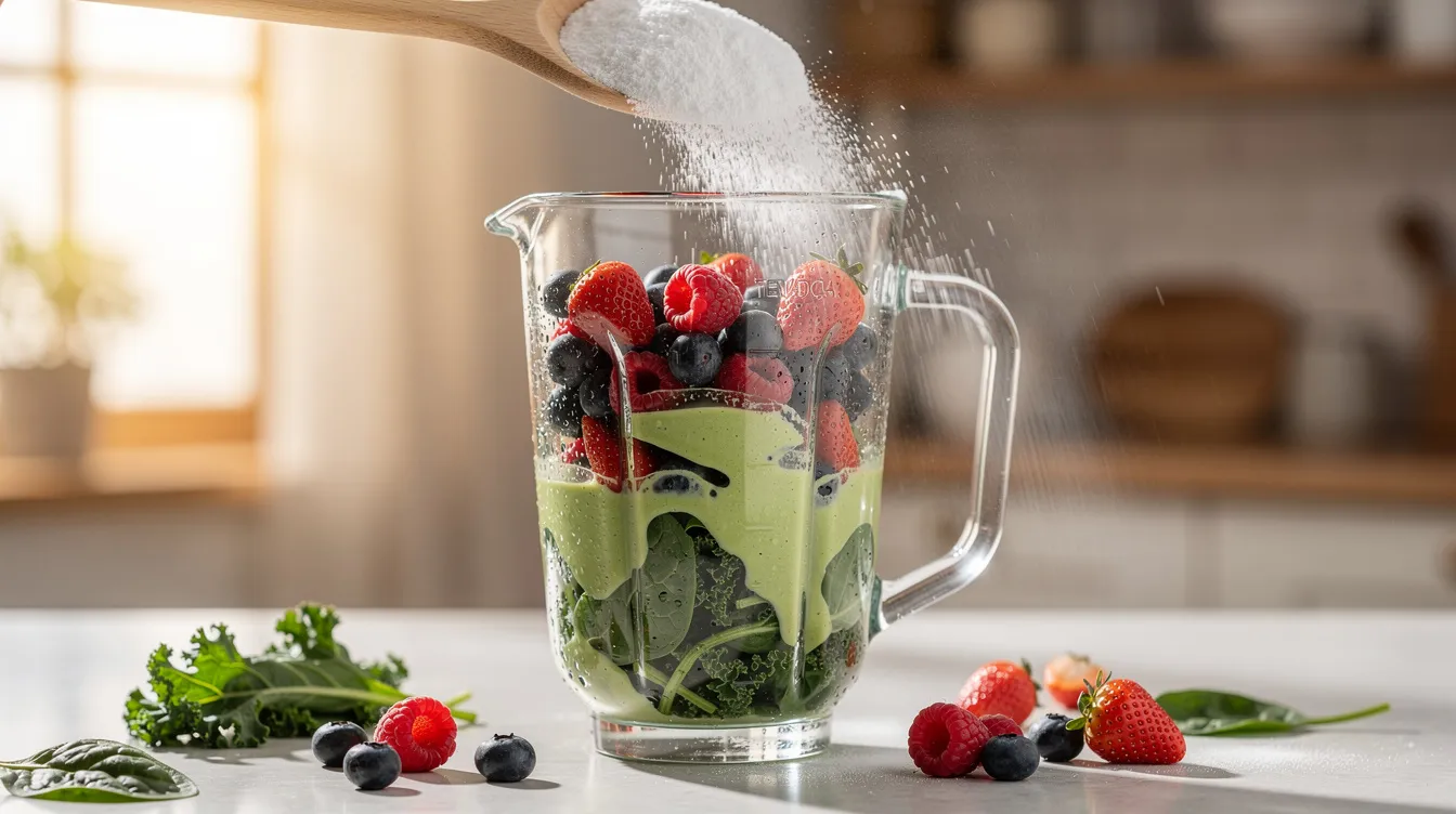 The image shows a vibrant morning smoothie being prepared, featuring a mix of berries and greens, with collagen powder being stirred in, highlighting its potential health benefits such as collagen synthesis and support for muscle strength. This nutritious blend emphasizes the importance of incorporating supplements like collagen for overall wellness.