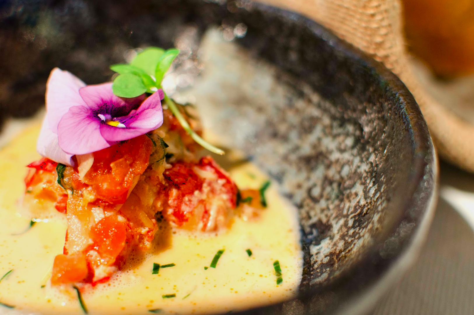 Gourmet dish in a textured bowl featuring diced tomatoes in creamy sauce, garnished with a purple flower and green leaves, creating a sophisticated presentation.