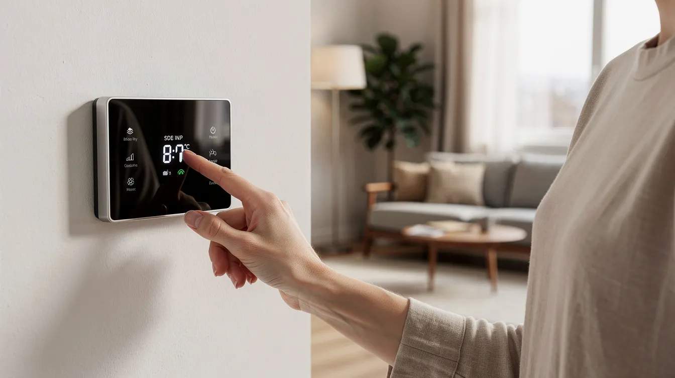 A homeowner is adjusting a digital thermostat mounted on the wall of a modern living room, where an air conditioning system is likely installed for optimal cooling. This setting suggests a focus on energy efficiency and comfort, possibly featuring a Trane air conditioner known for its quiet operation and reliable performance.