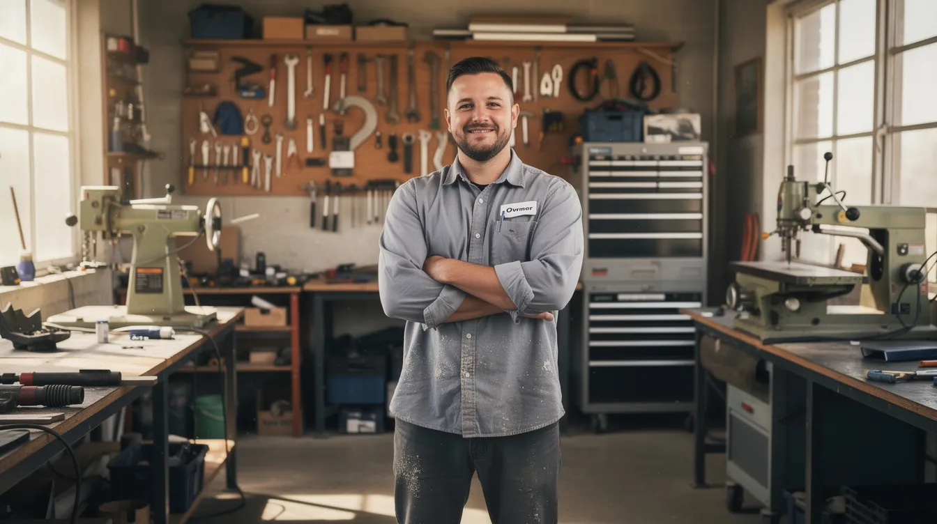 74112989 6d66 4d26 ba2f cb5b5d6e84c2 A confident small business owner stands in a well-organized workshop filled with tools and machinery, showcasing their successful micro enterprise. The setting reflects the hard work and dedication involved in managing a business, potentially supported by financial assistance such as mudra loans to ensure cash flow and growth.