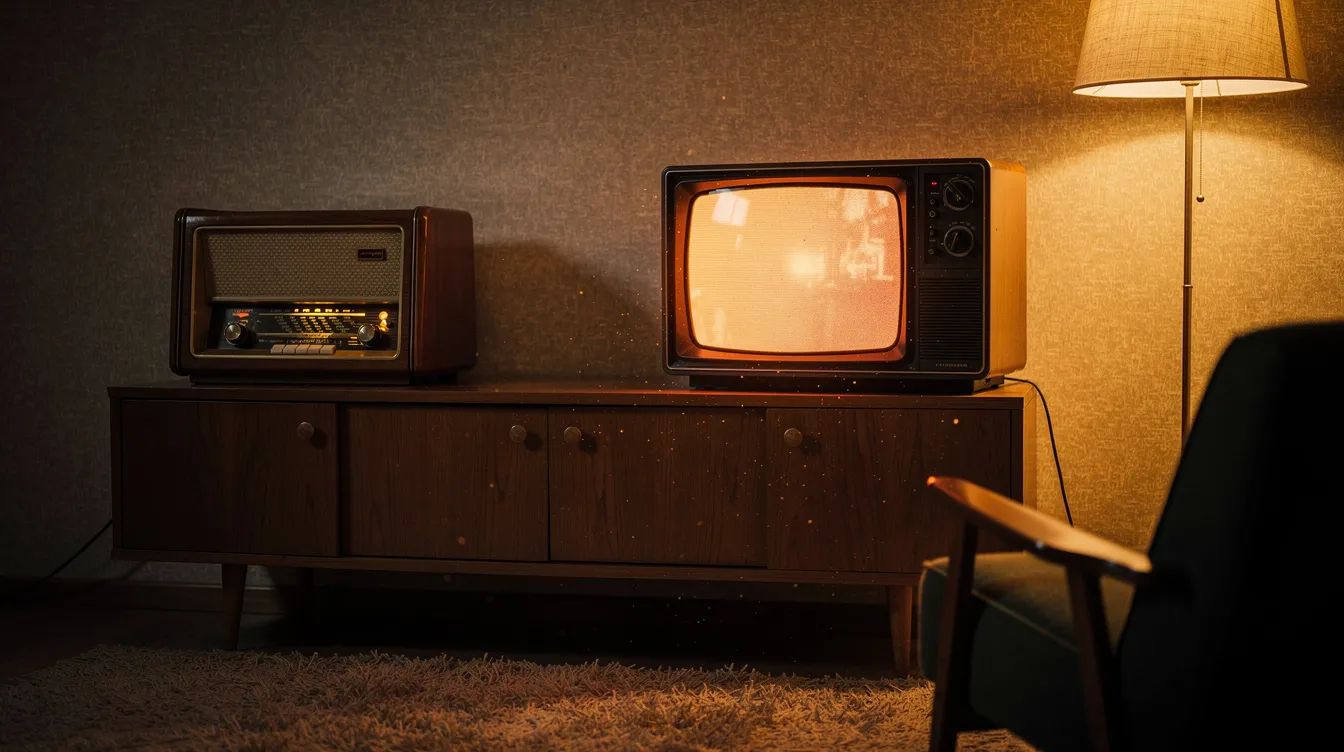 Das Bild zeigt ein Vintage-Radio und einen alten Fernseher in einem Retro-Wohnzimmer, das von warmer Beleuchtung umgeben ist. Diese nostalgische Einrichtung vermittelt ein Gefühl von Gemütlichkeit und erinnert an vergangene Zeiten der Markenkommunikation und Unterhaltung.