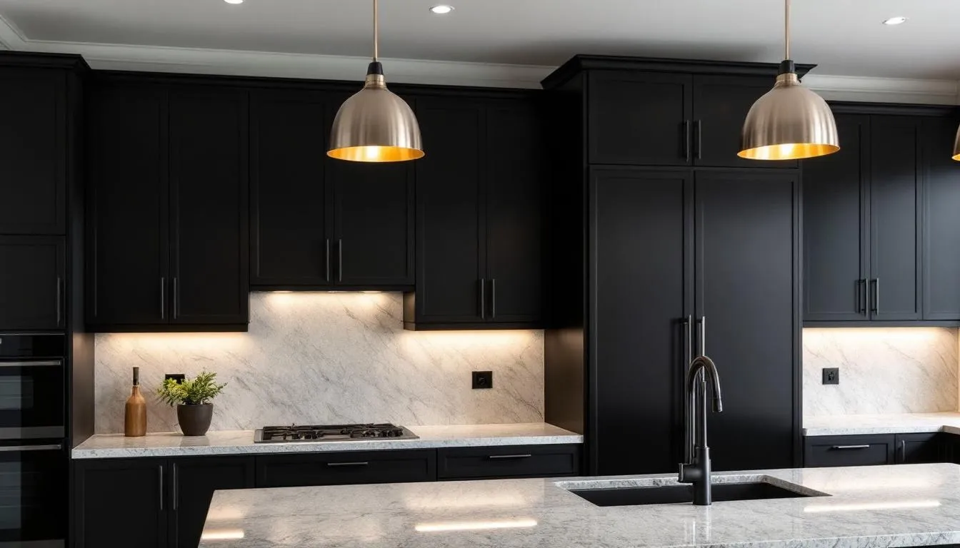 In this modern kitchen, sleek Tricorn Black cabinets by Sherwin Williams are illuminated by under-cabinet LED lighting and stylish pendant lights, creating a sophisticated and inviting atmosphere. The design incorporates natural light, enhancing the rich black paint colors and providing a striking contrast against the pure white countertops.