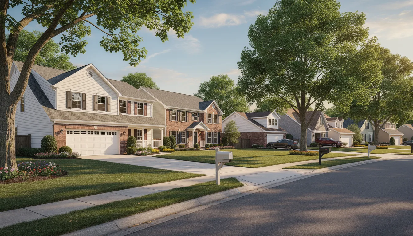 A peaceful suburban neighborhood filled with various single-family houses surrounded by mature trees, showcasing a typical residential area where potential sellers may reside. This setting could be ideal for real estate investors looking to find motivated sellers facing various life events or distressed properties.