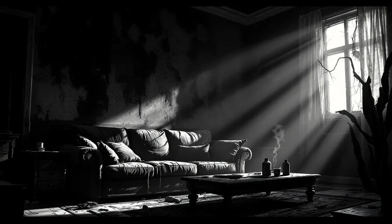 A living room with visible smoke damage on furniture and surfaces.