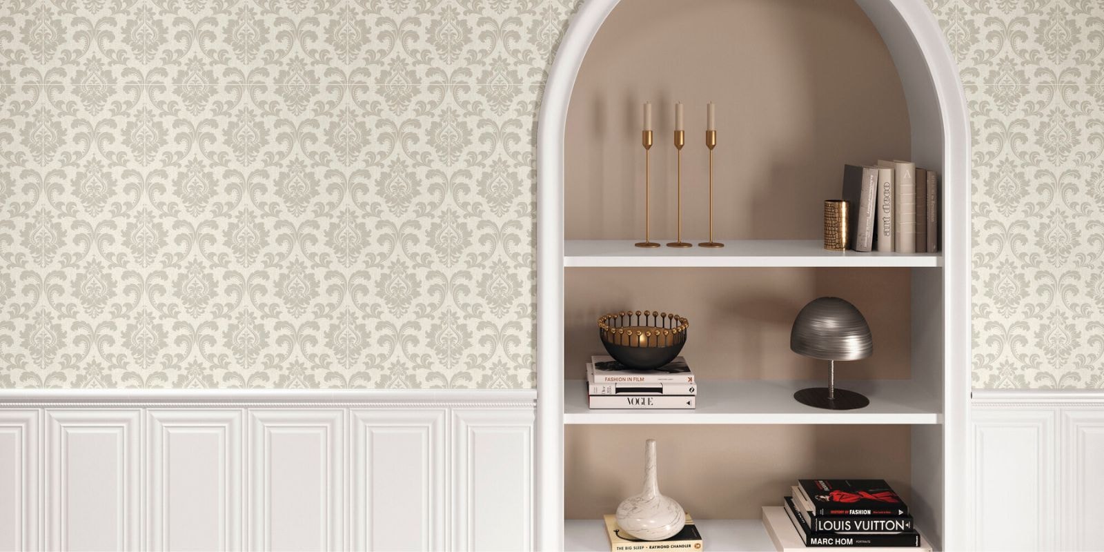white wooden arch shelf within a wallpapered wall