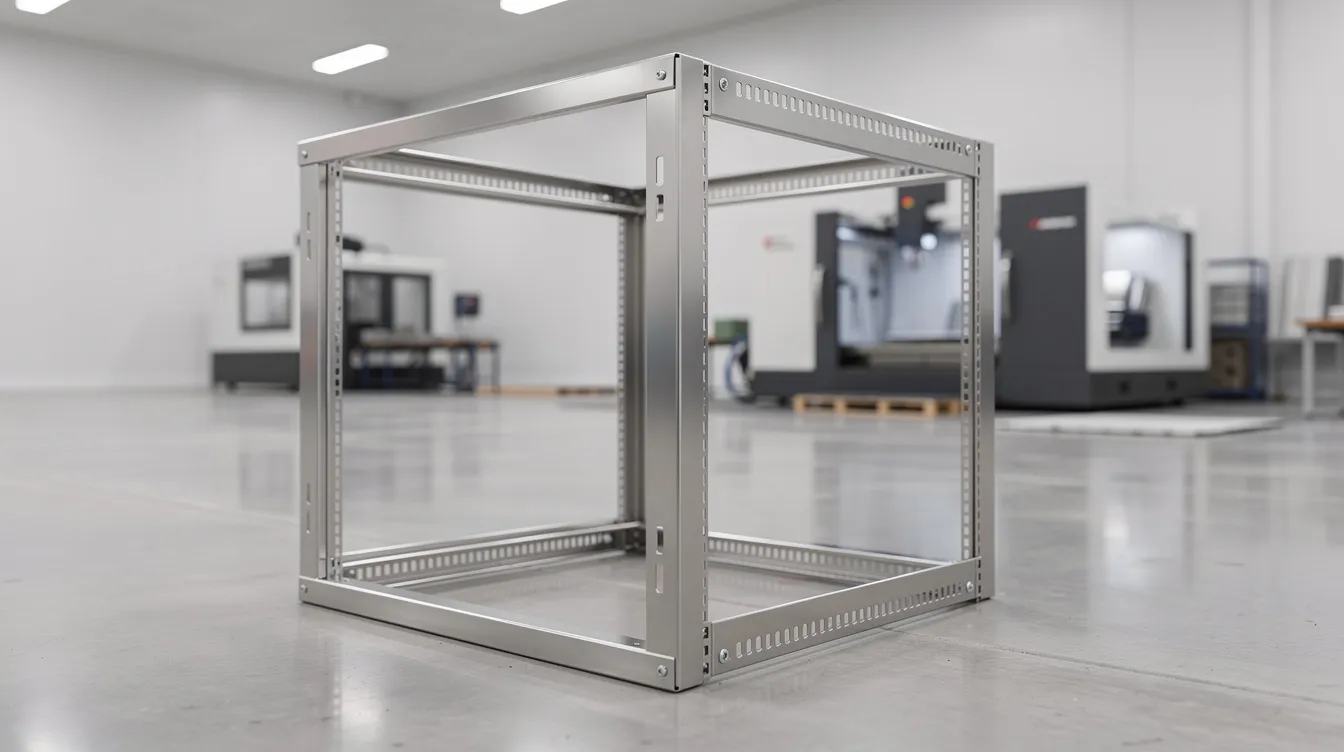 The image shows an assembled stainless steel server rack frame in a clean manufacturing facility, highlighting precision-bent panels that showcase the meticulous sheet metal fabrication process. The environment reflects a focus on high-quality metal fabrication techniques and tight tolerances typical in the sheet metal manufacturing industry.