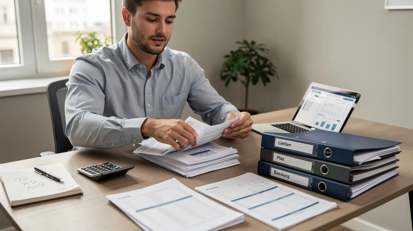 An entrepreneur is seen organizing financial documents and bank papers at a desk, preparing for the reapplication of a Mudra loan, which may include bank statements and proof of previously repaid loans. The workspace is filled with essential papers, indicating the meticulous planning required for securing financial assistance from small finance banks or commercial banks.