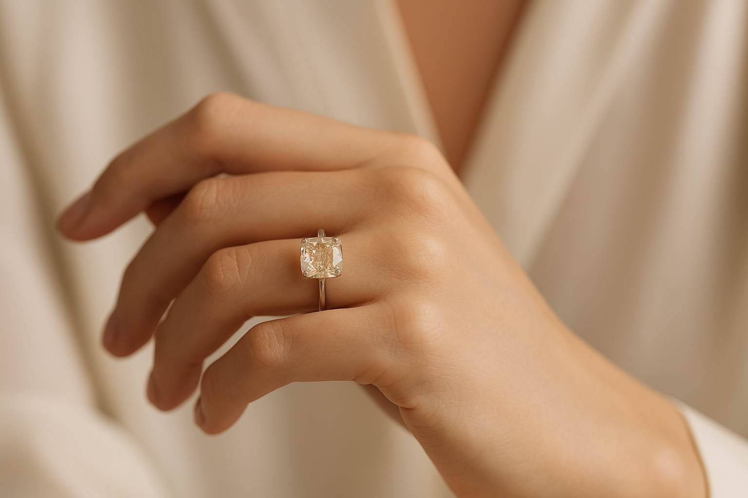 Stilingos merginos ranka su žiedu, puošta šampaninio atspalvio cushion formos deimantu – subtilus švytėjimas, elegantiška šviesi palaidinė ir švelnus natūralus apšvietimas pabrėžia prabangų žiedo dizainą.