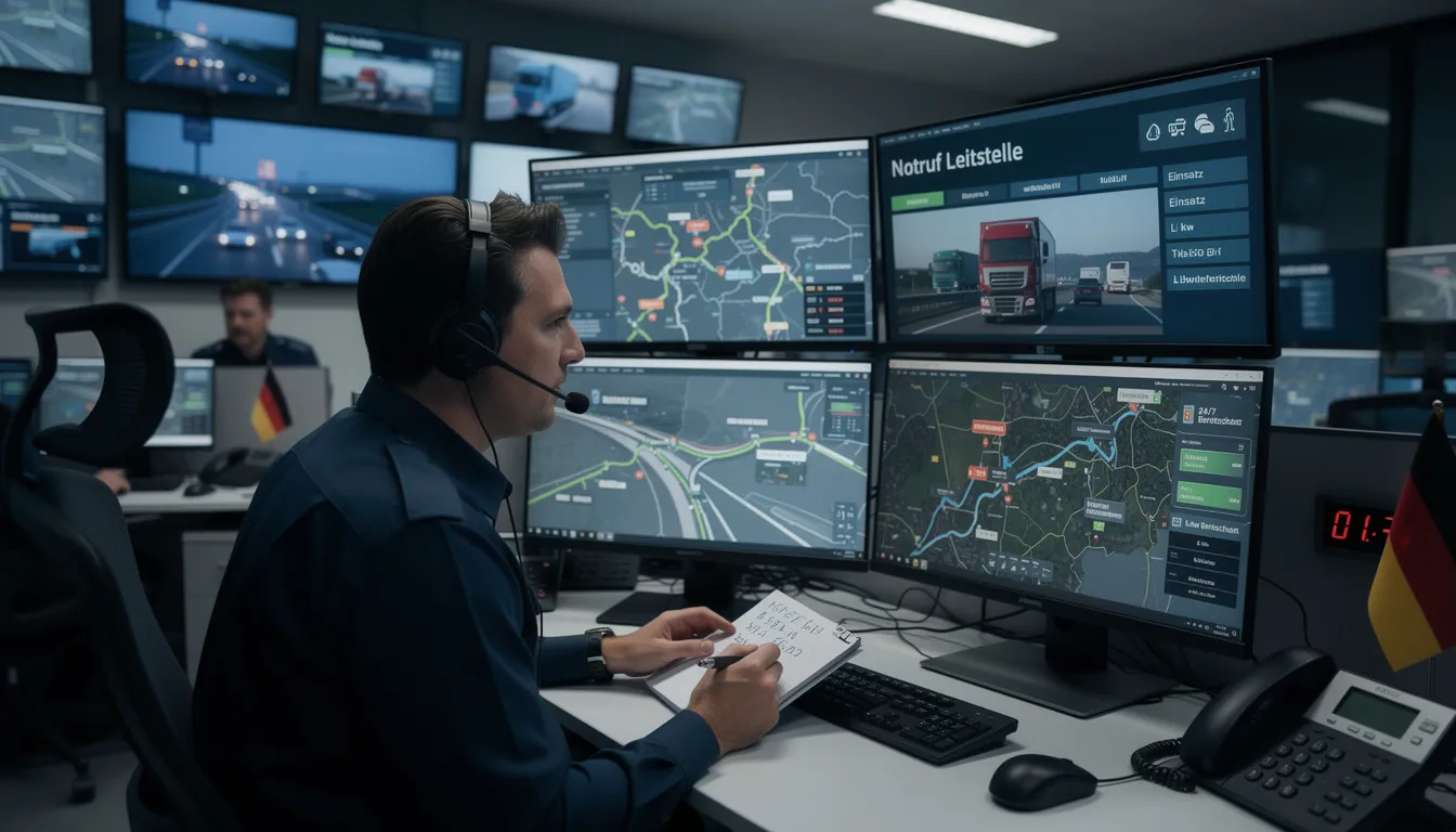 Ein Disponent in einem Betriebszentrum nimmt einen Notruf entgegen, um schnelle Hilfe für Fahrzeuge in Notfällen zu koordinieren. Dieser ganzjährige Notdienst bietet Unterstützung für Lkw und andere Fahrzeuge auf den Straßen in Deutschland, um sicherzustellen, dass Hilfe rund um die Uhr verfügbar ist.