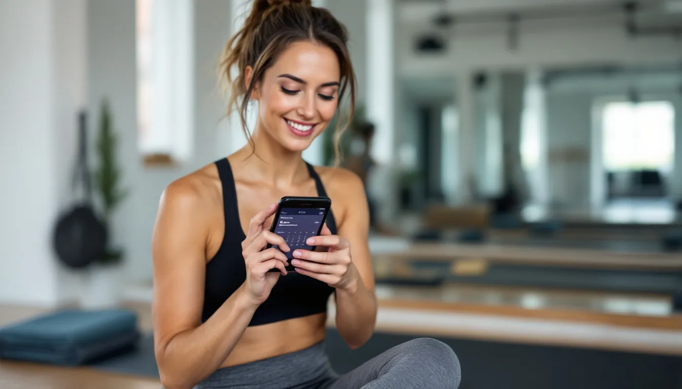 Una mujer sostiene un smartphone mientras utiliza una aplicación para reservar una clase de barre en un estudio de fitness. En la pantalla se pueden ver opciones para elegir sesiones, horarios y detalles sobre el entrenamiento.