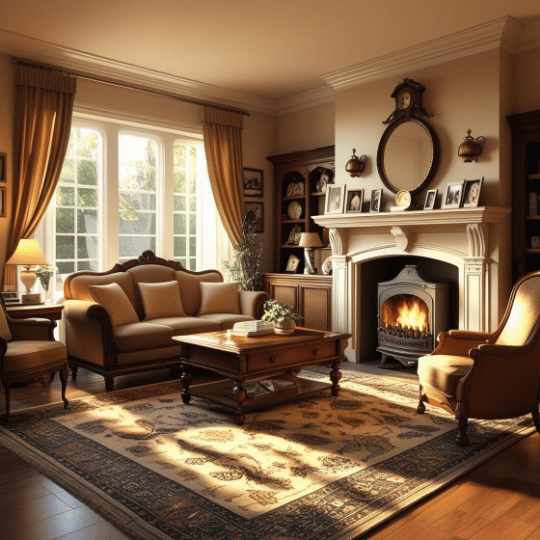 Warm and cozy living room with traditional furniture, a fireplace, large windows with sunlight, and a vintage rug.