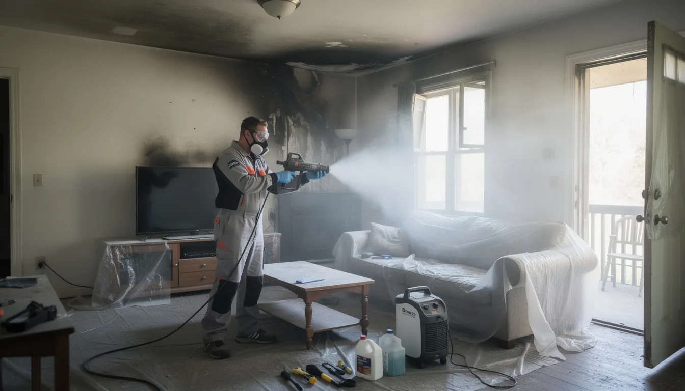 A professional restoration technician is operating a thermal fogger in a smoke-damaged living room, creating a fine mist of ozone gas for effective odor removal. The technician is focused on eliminating smoke odor and contamination from hard-to-reach places, ensuring a safe and non-toxic environment for the living space.