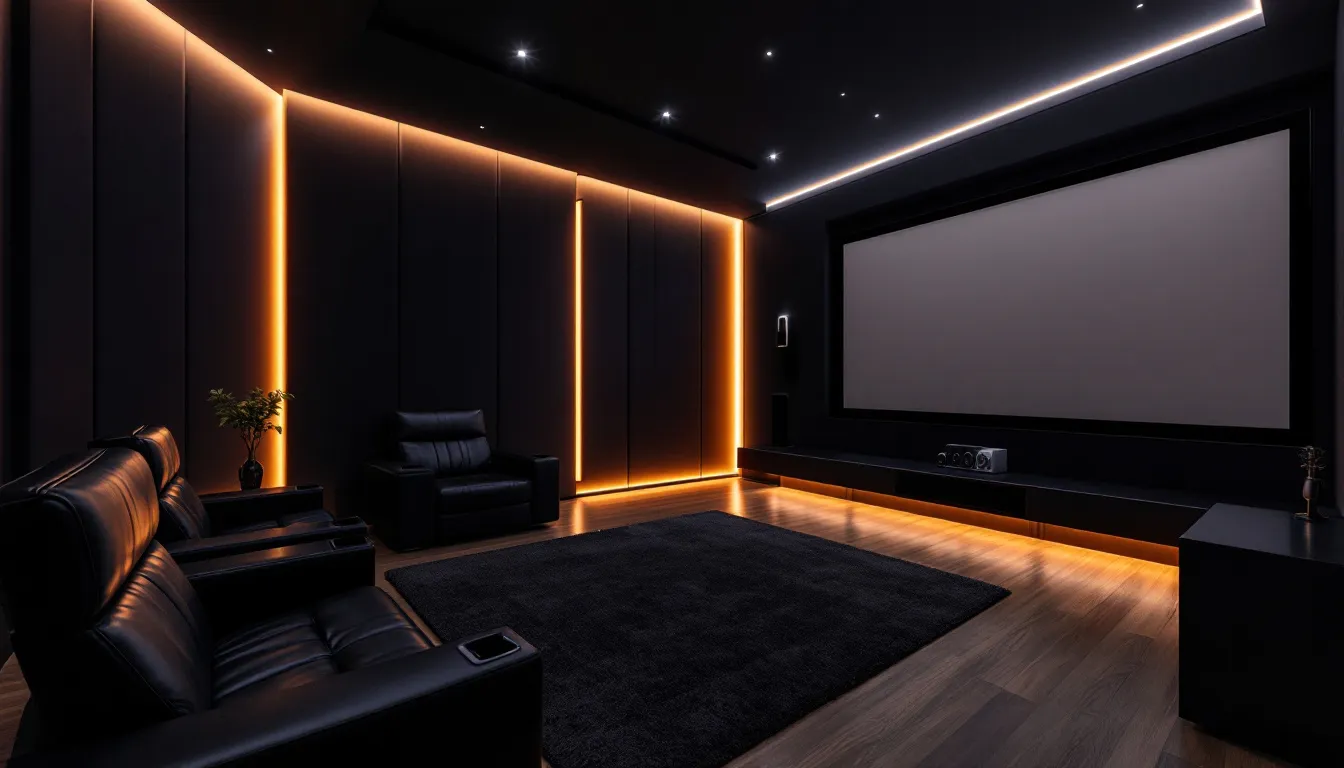 LED lights creating mood lighting in a stylish home theater room.