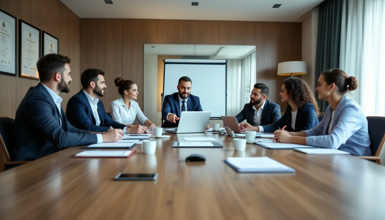 A hotel management team is seated around a conference table, engaged in a discussion about operational challenges, focusing on aspects like guest satisfaction and managing different types of hotel folios, including guest folios and master folios. The atmosphere suggests a collaborative effort to enhance hotel services and address issues affecting guests' stays.