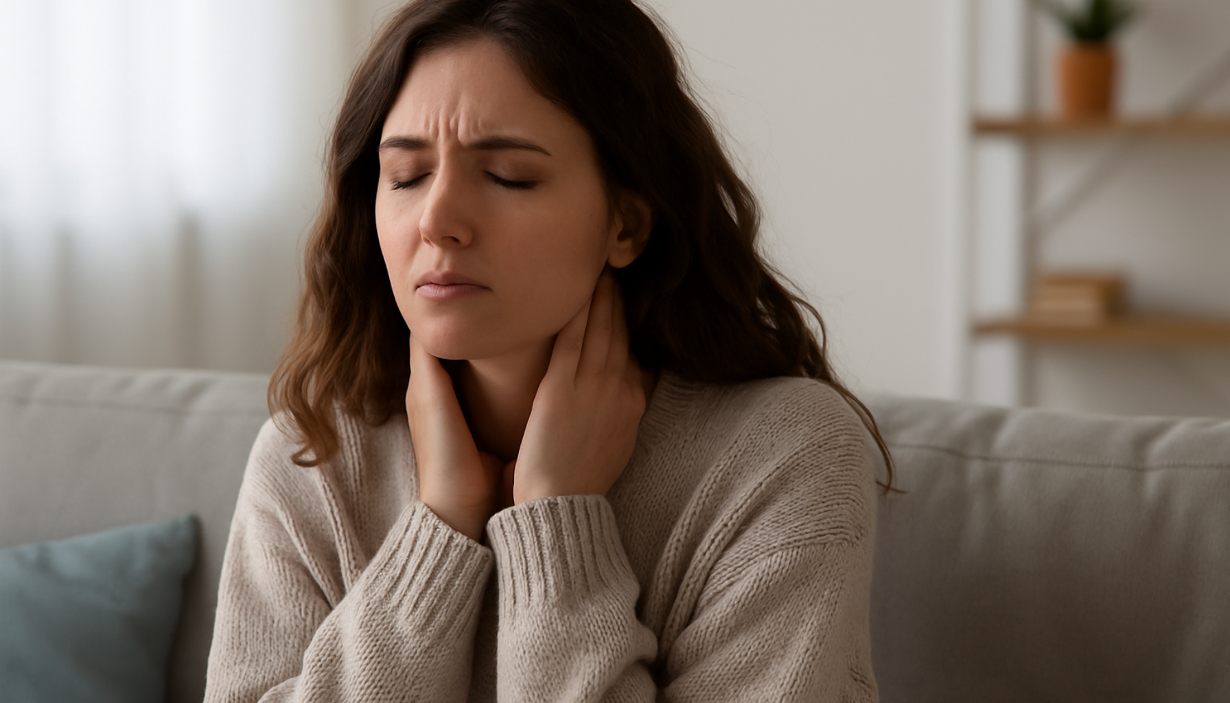 Ung kvinne med ubehag i nakken sitter hjemme og ser bekymret ut, mulige tegn på problemer med skjoldbruskkjertelen.