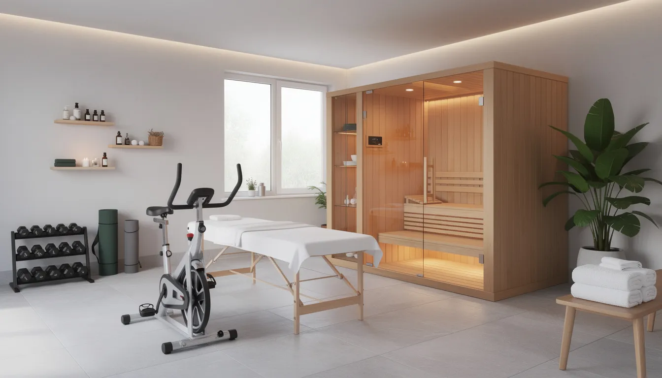 The image depicts a modern home spa room featuring a sleek wooden sauna cabin equipped with ceramic infrared heaters, designed to emit infrared waves for a relaxing wellness experience. The space is complemented by various wellness equipment, emphasizing energy efficiency and the benefits of infrared therapy for raising core body temperature.