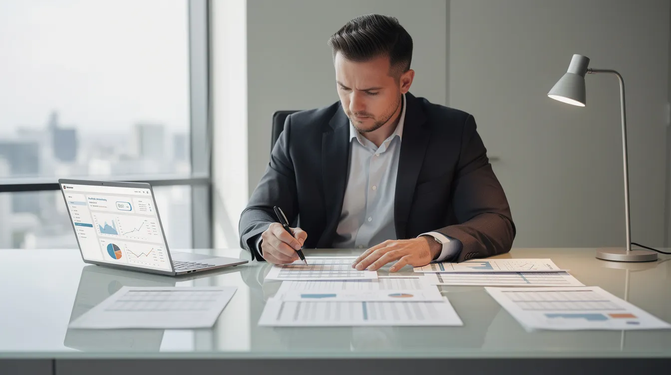 A business professional is seated at a desk, meticulously reviewing financial documents that likely pertain to tax credit services and research and development tax incentives. The setting suggests a focus on maximizing benefits for clients, possibly related to qualified research expenses and significant tax savings.