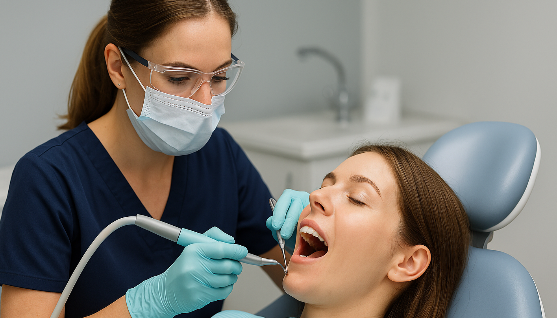 Tannpleier rengjør tennene til en avslappet pasient i en moderne tannklinikk.