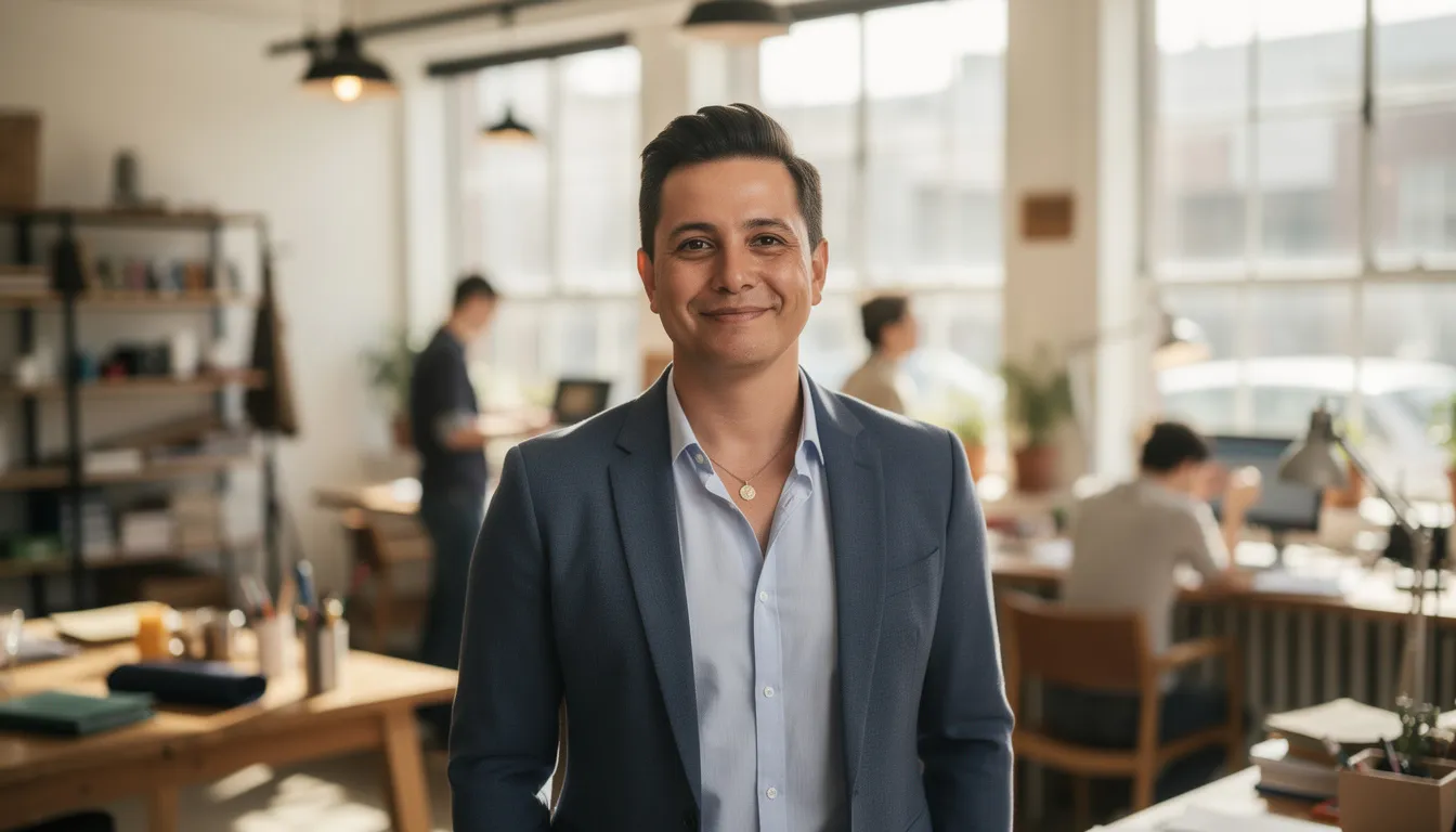 A small business leader is smiling confidently at the camera, embodying a sense of accomplishment after securing a small business loan. Hassle-free solutions enabled the business to access the money it needs anytime to truly make a difference. The image reflects their success and readiness to move forward, highlighting the advantages of efficient financing options for achieving business goals.