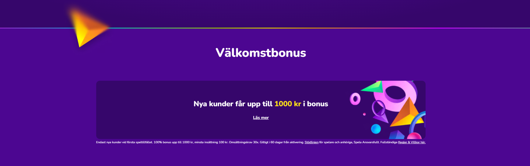 Happy Casino välkomstbonus med 100 procent bonus upp till 1 000 kr och 30 gånger omsättningskrav.