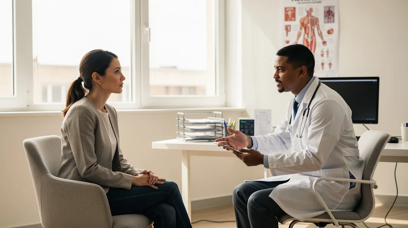 The image shows a woman engaged in a medical consultation with a board-certified plastic surgeon in a bright, professional office. They are discussing options related to breast augmentation, including various implant types and the overall costs associated with the procedure.
