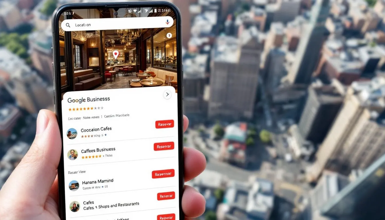 Un mapa de Google que muestra negocios locales, incluyendo opciones para reservar, permitiendo a los usuarios interactuar con diferentes establecimientos y acceder a información sobre servicios, ofertas y reseñas a través de plataformas de redes sociales. El mapa facilita la planificación de viajes y la toma de decisiones para los clientes.