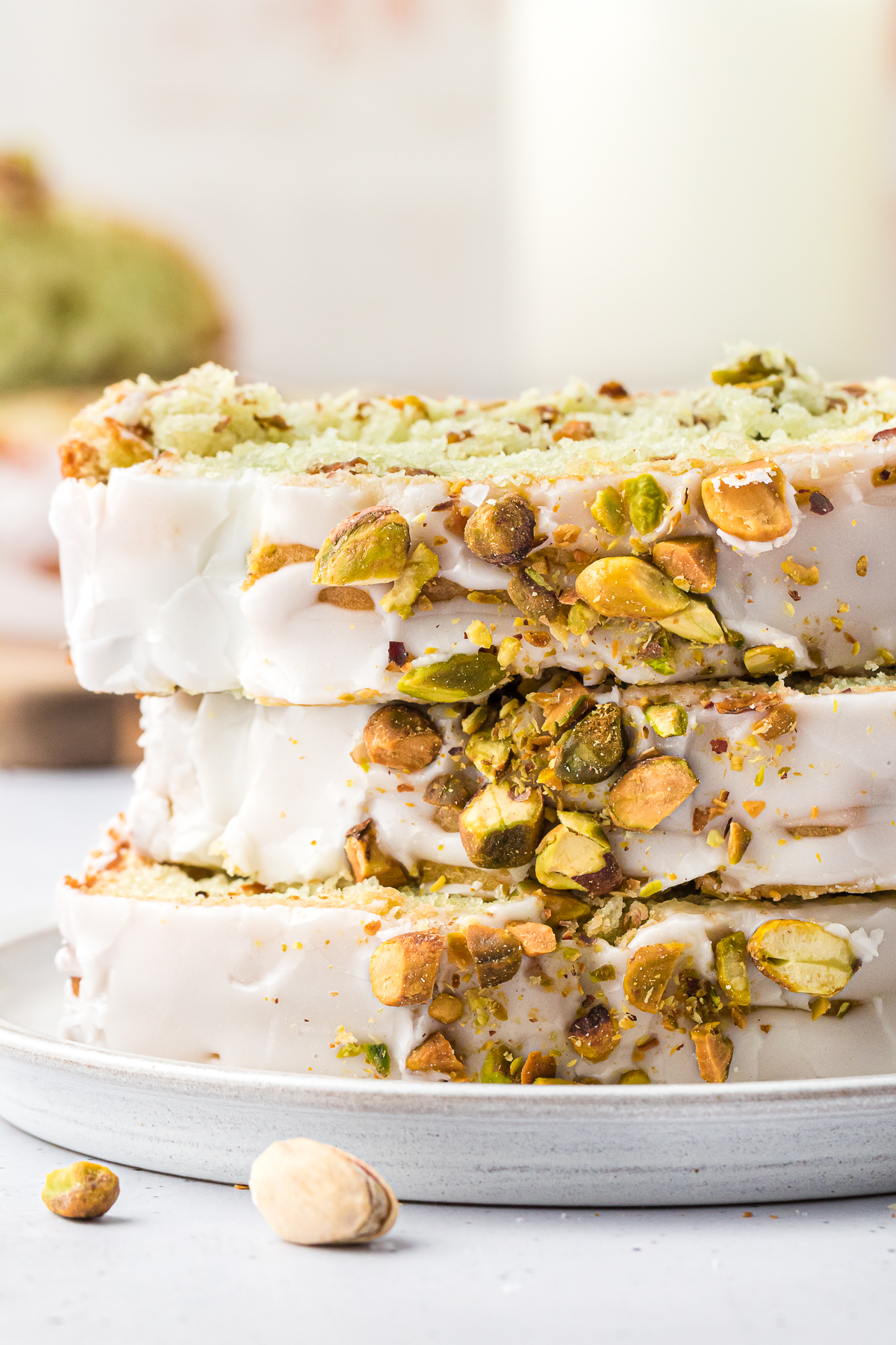 three slices of pistachio bread stacked