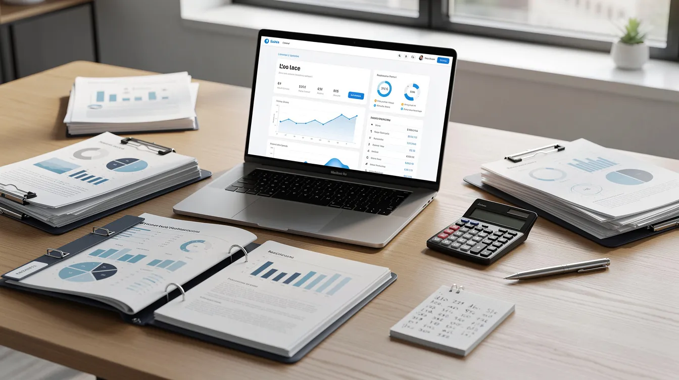The image features a professional office desk neatly organized with documents, a laptop, and a calculator, all essential tools for business planning, particularly for 中小企業. This setup reflects a focused work environment conducive to managing 中小企 operations and planning for 2025.