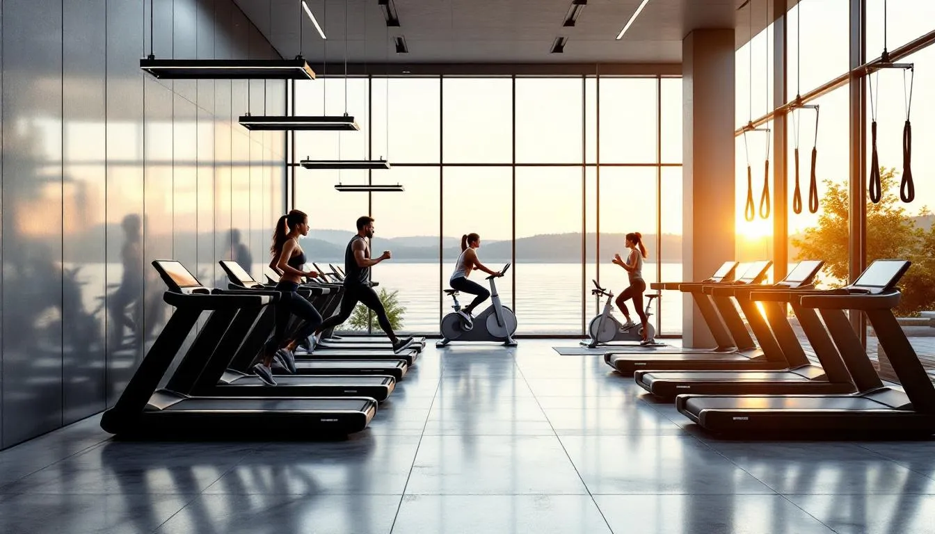 The image depicts a modern fitness center featuring a variety of exercise equipment and large windows that provide breathtaking views of the water, creating a serene atmosphere for workouts. This space is part of the luxurious living experience offered by Beau Rivage in Fort Myers, where residents can enjoy both fitness and priceless water views.