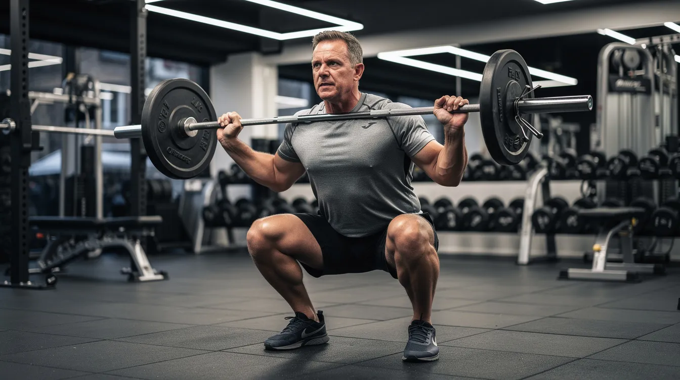 A man in his 40s is performing a barbell squat in a well-lit gym, showcasing his focus on fitness and strength training. This exercise can help increase testosterone levels and support hormonal balance, essential for maintaining overall health and vitality in the male body.