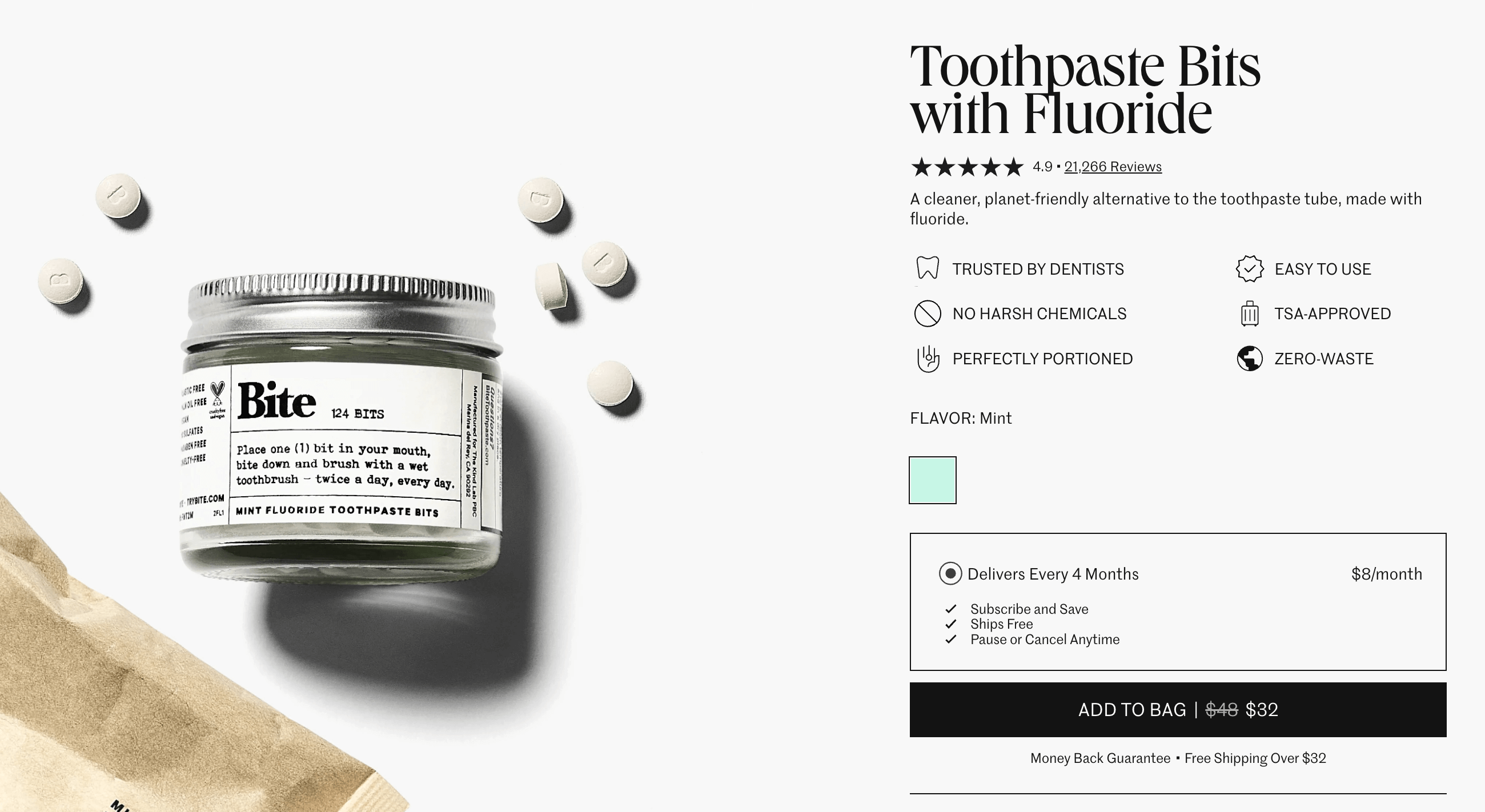 A screenshot of Bite's toothpaste subscription box, which ships on a four-month cadence.