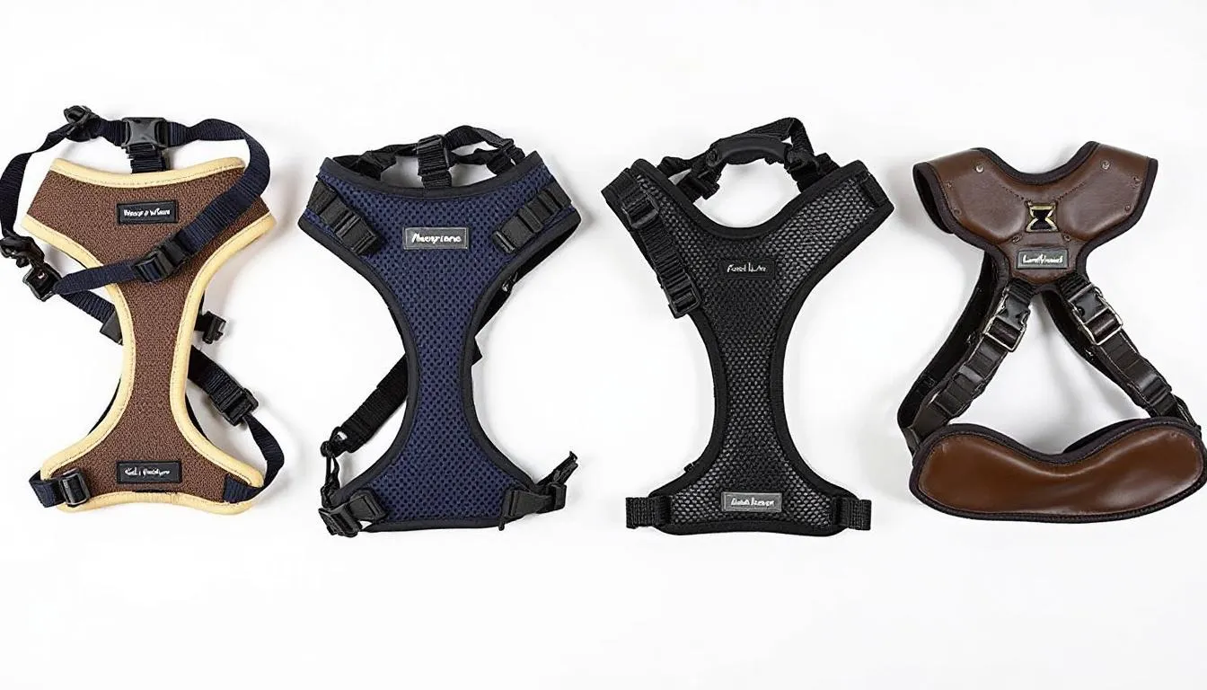 This comparison image displays various types of dog harness materials and padding styles, highlighting differences in comfort and fit. It emphasizes the importance of selecting the right harness to prevent chafing and skin irritation, ensuring the dog