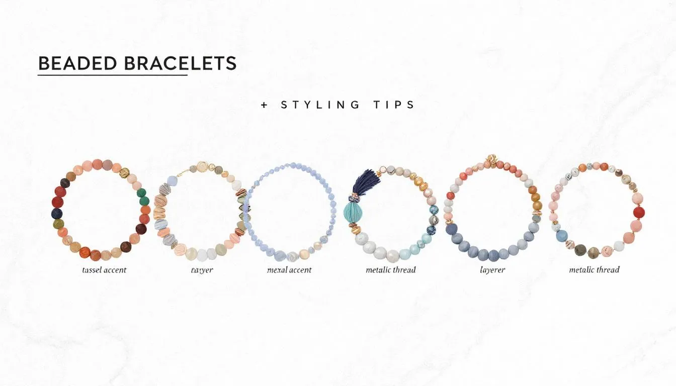 The image showcases a vibrant collection of beaded bracelets in various colors, including pink, purple, blue, and green, designed to complement any outfit. Each bracelet features unique details, such as sterling silver and gold plated accents, making them perfect for layering or as personalized gifts for friends on special occasions.