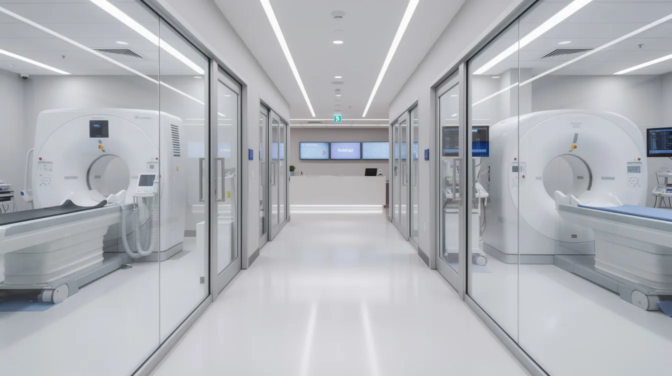 742b4b8d 75ee 4185 b5f9 4e1556d6a8d3 The image depicts the interior of a modern diagnostic centre featuring advanced medical imaging machines and a clean clinical corridor designed for patient comfort. The space is well-organized, emphasizing the essential infrastructure and equipment requirements necessary for efficient medical services.