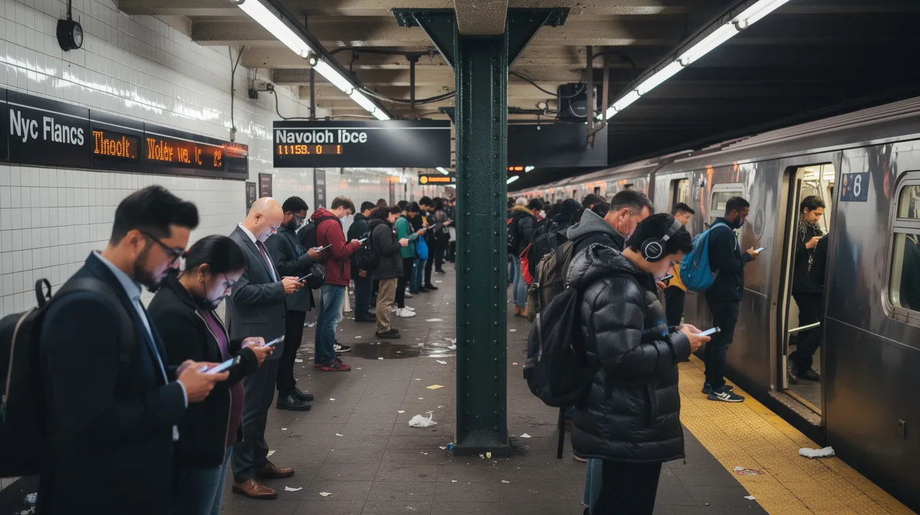 The image depicts a bustling New York City subway platform filled with commuters, many of whom are absorbed in their phones, reflecting the fast-paced lifestyle of the city. This scene captures the essence of urban life in NYC, where people often navigate the dating scene and online dating apps while on the go.