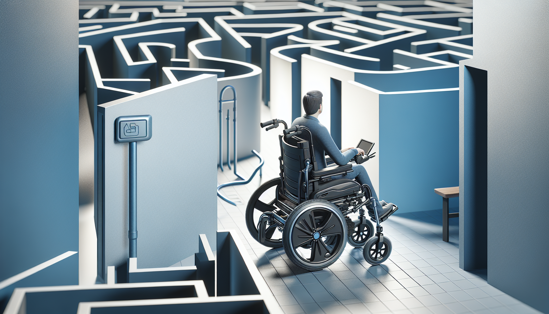 Illustration of a person maneuvering an electric wheelchair in a tight space