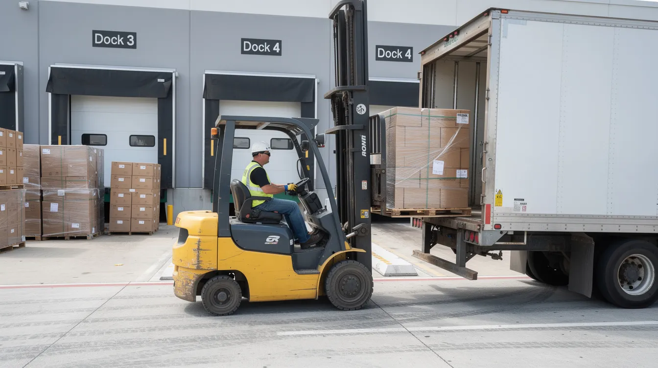 A forklift operator is unloading pallets at a warehouse loading dock, part of the crucial fulfillment process for an ecommerce business. This activity is essential for efficient inventory management and ensures timely order fulfillment to meet customer expectations.