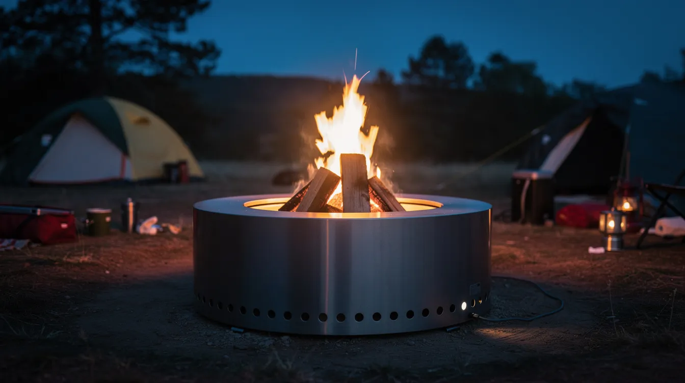 A smokeless fire pit emits warm orange flames, creating a cozy atmosphere at a campsite during the evening. Surrounding the fire, camping gear such as a small camp table and a backpacking tent can be seen, enhancing the outdoor adventure experience.
