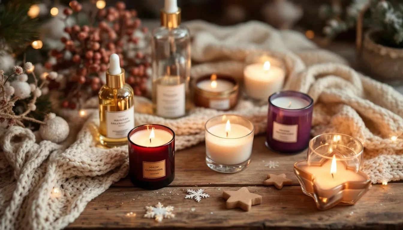 Relaxation and self-care gifts arranged beautifully, including scented candles and skincare products.