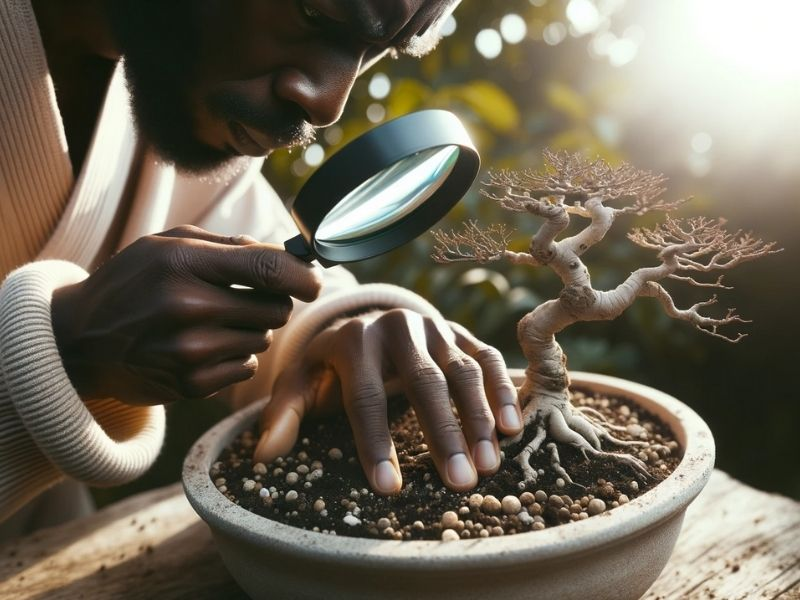 An African man examines his bonsai tree's soil with a magnifying glass, bathed in soft sunlight, highlighting soil texture and aeration.