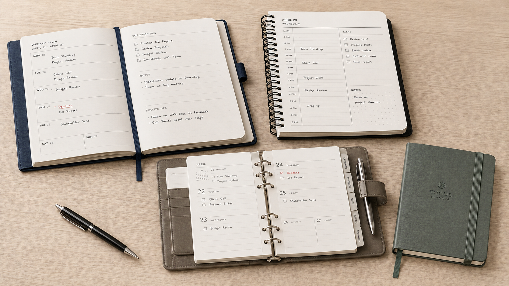 Daily and weekly planner notebooks showing different scheduling layouts