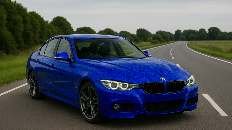 BMW wrapped in blue forged carbon fiber vinyl wrap