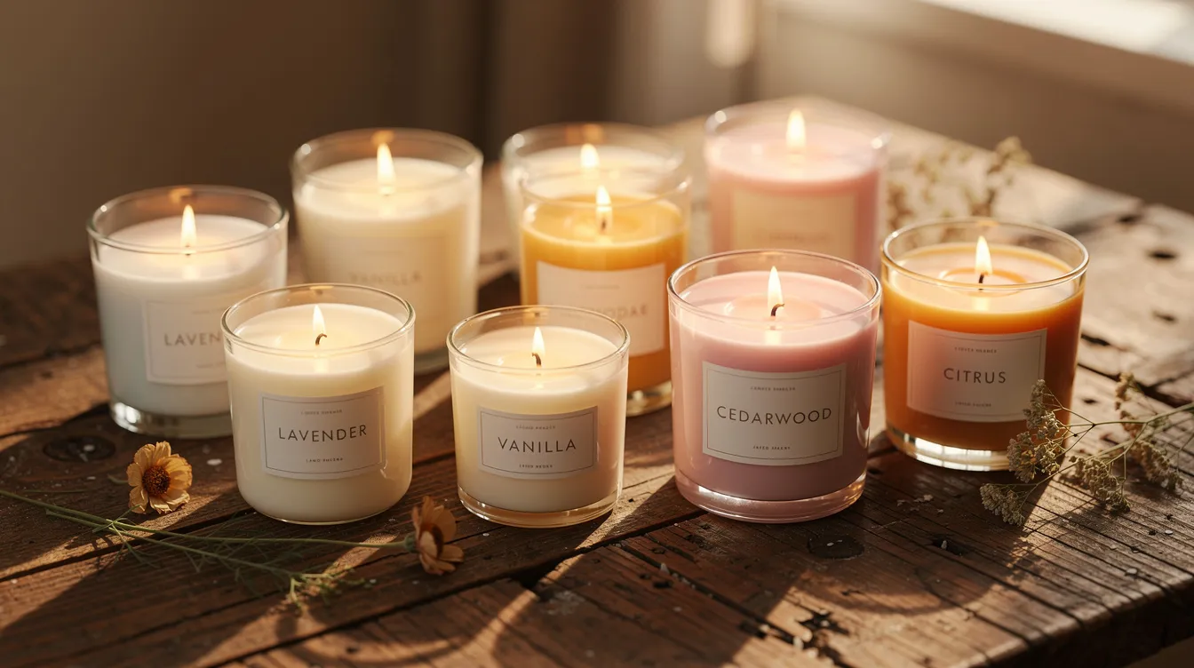 A collection of various scented candles in glass jars is beautifully arranged on a rustic wooden table, illuminated by soft lighting that creates a warm ambiance. These high-quality candles, made from eco-friendly materials, evoke emotions and are perfect for enhancing any space with their delightful fragrances.