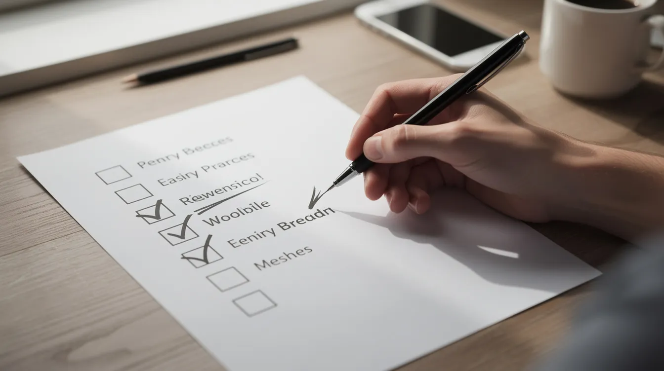 A person is writing a checklist on paper with a pen, marking off completed items, indicating their attention to detail and organization. The checklist may relate to financial matters, possibly involving 清 數 or other financial planning tasks.