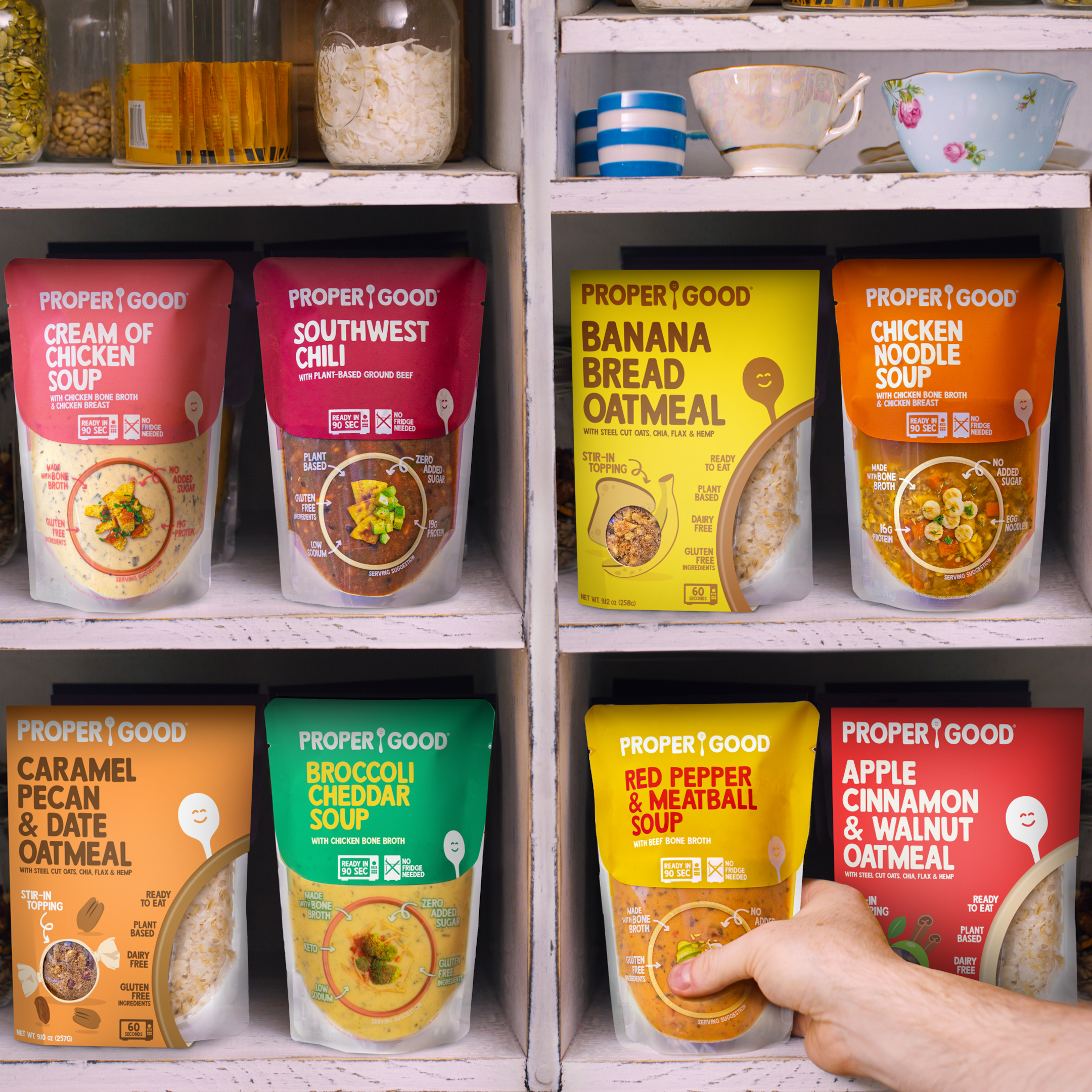 A shelf of Proper Good better ready lunch time meals