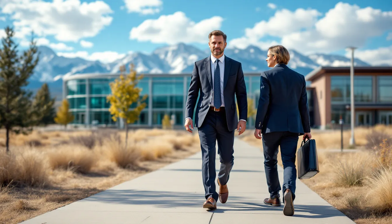 A criminal defense attorney and their client stand together in front of a courthouse in Aurora, Colorado, with a scenic background. The attorney is prepared to represent the client in a defense matter, emphasizing their commitment to navigating the legal process and fighting for the best possible outcome in the face of criminal charges.